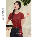 ALXNAN Women Red T-shirt Summer Elegant Ruffled Crew Neck Short Sleeve T-shirt Hem Tie Sash Design Casual Loose-fit Tops L65892A