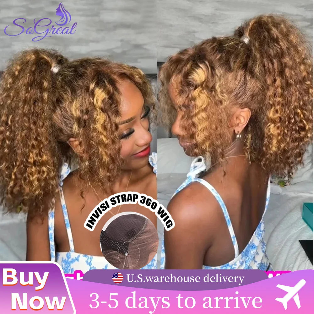 SoGreat 200% Density Curly Wigs 360 Lace Wig Invisible Drawstring Deep Wave Wig Highlight Wig Human Hair Pre-Pluck Brazilian