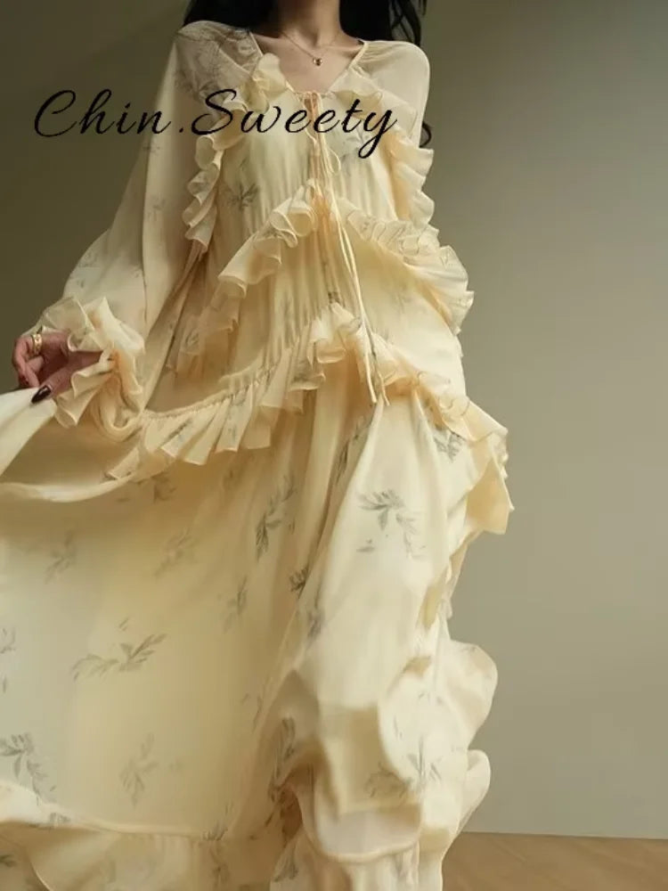 Elegant Printed Cascading Ruffles Long Dress Women Lace Up V-neck Full Sleeve A-line Dresses 2026 Early Spring High Street Robes