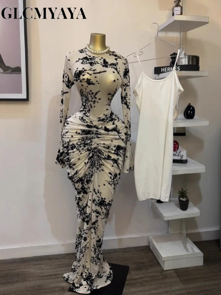 CM.YAYA Women Long Sleeve Stacked Mesh with Lining Bodycon Cocktail Long Dress 2025 Autumn Evening Birthday Sexy Party Dresses