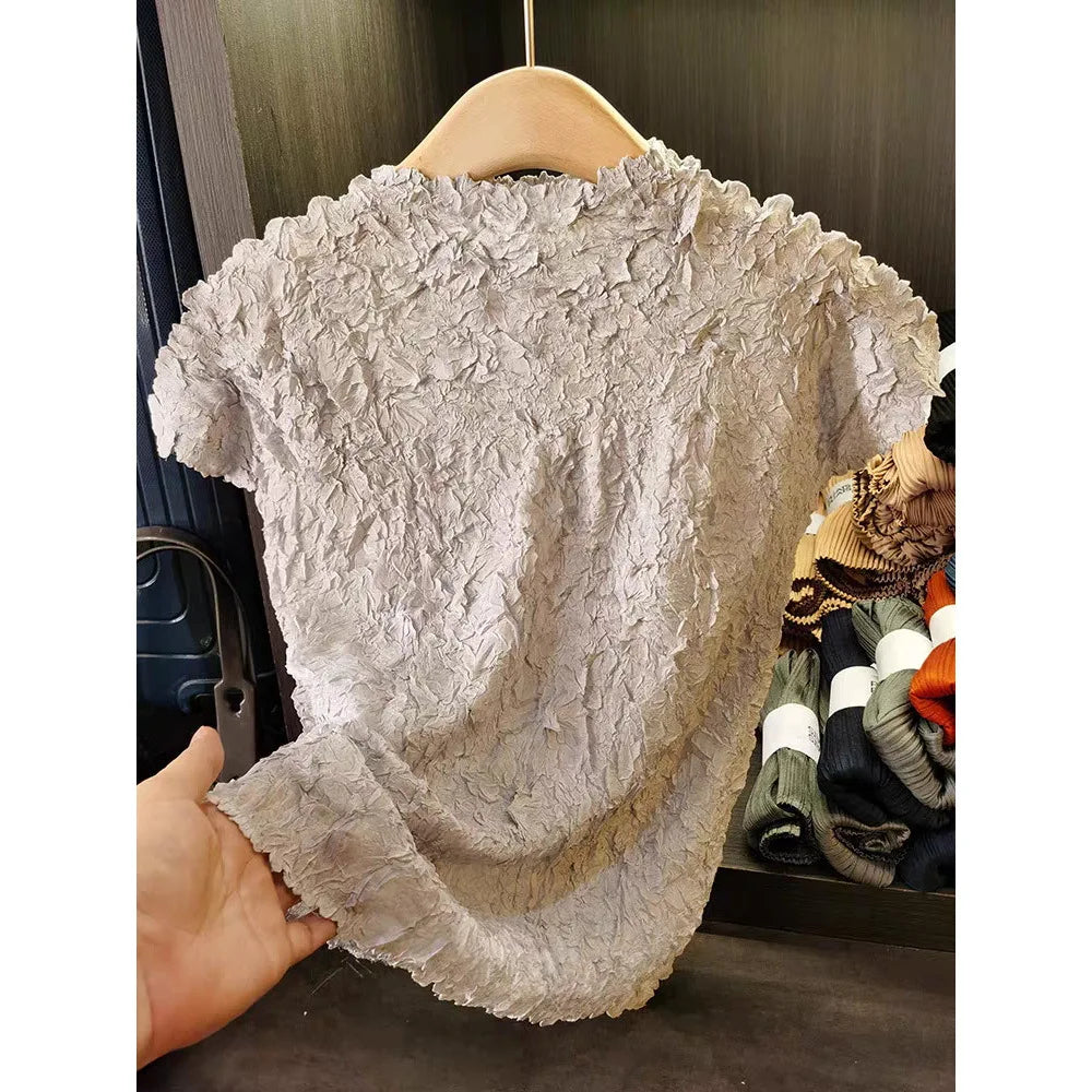 Miyake Pleated T-shirt Plisse Design Sense Embossed Fold Top Women 2025 Summer Pleat Casual Versatile Solid Pleats T-shirt Women