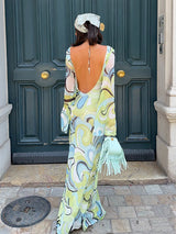 Sexy Print Backless Long Dress Women Round Neck Full Flare Sleeve Bodycon Dresses 2026 Summer Beach Lady Ankle-length Robes