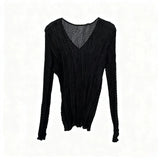 Miyake Pleated T-shirt 2025 Fall New Solid Color Bottoming Shirt Female Slim Thin Pleats Simple V-neck Inner Top Thin Clothing