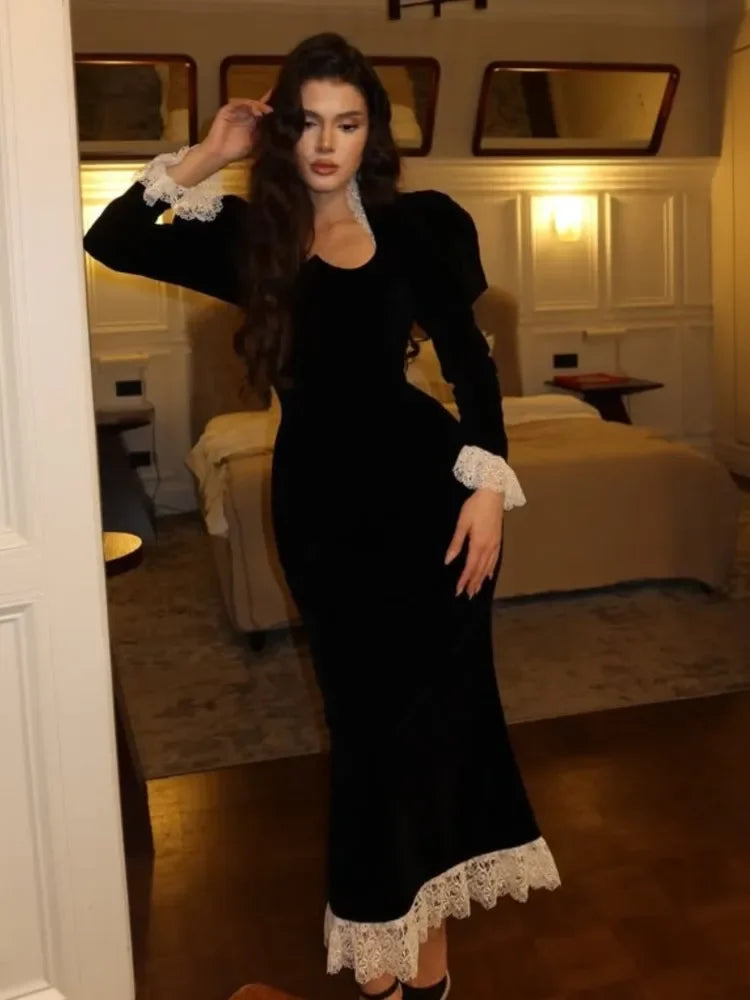 Velvet Lace Patchwork Dress Square Collar Waist Cinched Slim Fit Party Gown Robes Elegant Women Wrap Hip Fishtail Long Dresses
