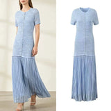 Fashion Blue Pearl Decoration Lace Jacquard Knit Midi Dress Women Temperament Elegant O-Neck Short Sleeve Slim Robe Ladies