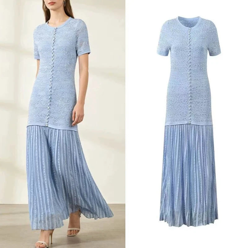 Fashion Blue Pearl Decoration Lace Jacquard Knit Midi Dress Women Temperament Elegant O-Neck Short Sleeve Slim Robe Ladies