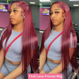 99j Burgundy Lace Front Human Hair Wig 30 36 Inch 13x6 Straight Lace Frontal Wigs HD Transparent Lace Colored Red Wig For Women