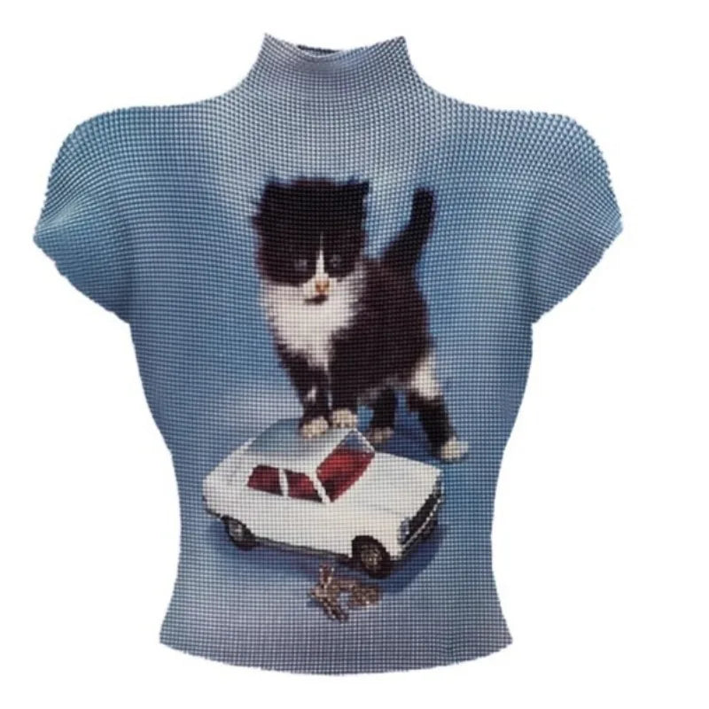 Sexy Vintage Coquette Slim Fit Clubwear Casual Folds Knitted Tees Top Women Hotsweet Cat Print Sheath Street Turtleneck T-shirt