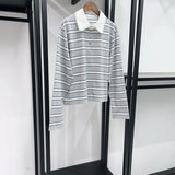 Lace Splice Turn-Down Collar Women's Stripes Long Sleeve T-Shirt Autumn and Winter Female Pullover Tee Top