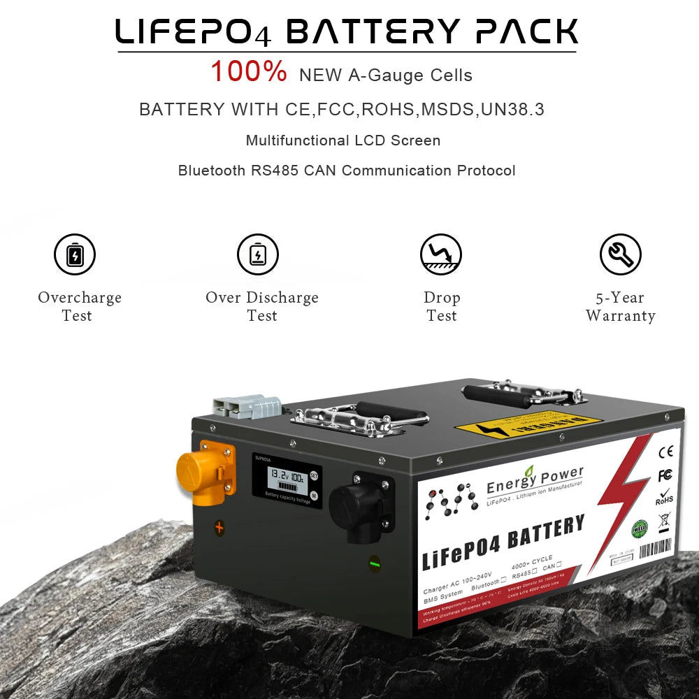 24V 48V 50Ah 100Ah 200AH LiFePO4 Battery Pack Built-in Bluetooth BMS For Solar Home Storage Golf Cart Boat RV Tax Free