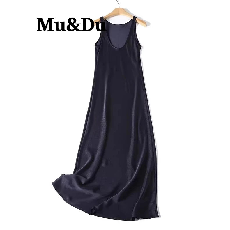 Elegant Backless Round Neck Long Dress Women's Fashion Minimalist Style Draped Polyester Fiber Sleeveless Skirt City Commute