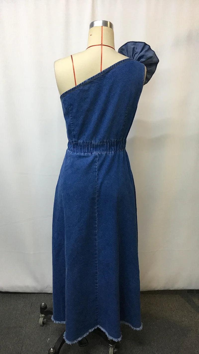 Elegant Strapless Denim 3D Floral Maxi Dress for Women, Beach Wedding Party Long Gown with Split Side
