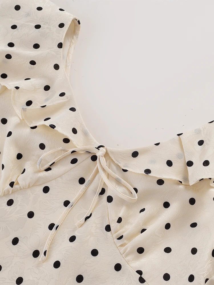 Chu Sau beauty Women New Fashion Sweet Polka Dot Print Chic Ruffles Midi Dress French V-Neck Puff Sleeve Vintage Party Dresses