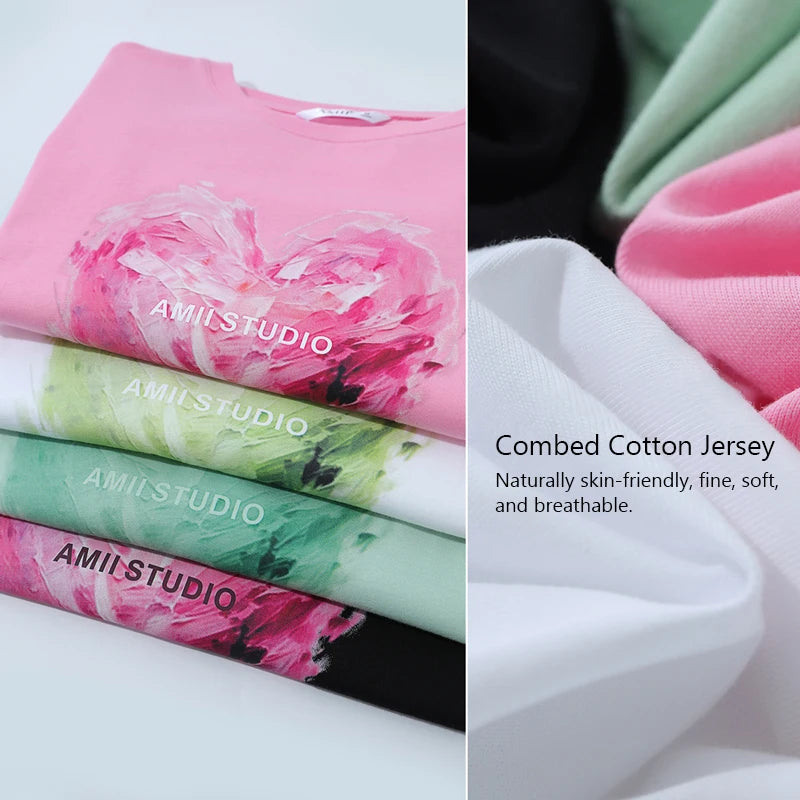 Amii Woman T-shirts 2026 Summer Anti-Bacterial Loose Fit Round Neck Tee Heart Print Cotton Casual Knit Short Sleeve Top 12622026