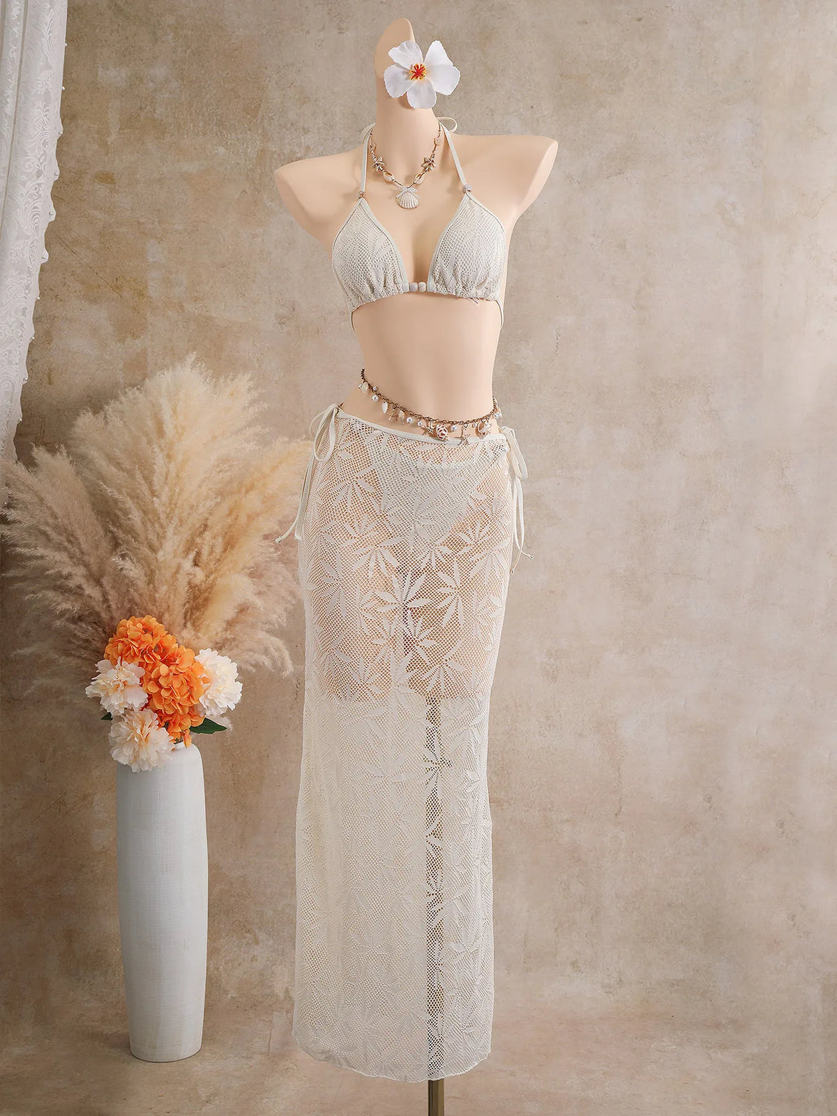 women sexy split lace bikini three piece set with long skirt triangle hollow out small chest push up beach vacation swimwear
