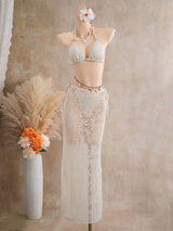 women sexy split lace bikini three piece set with long skirt triangle hollow out small chest push up beach vacation swimwear