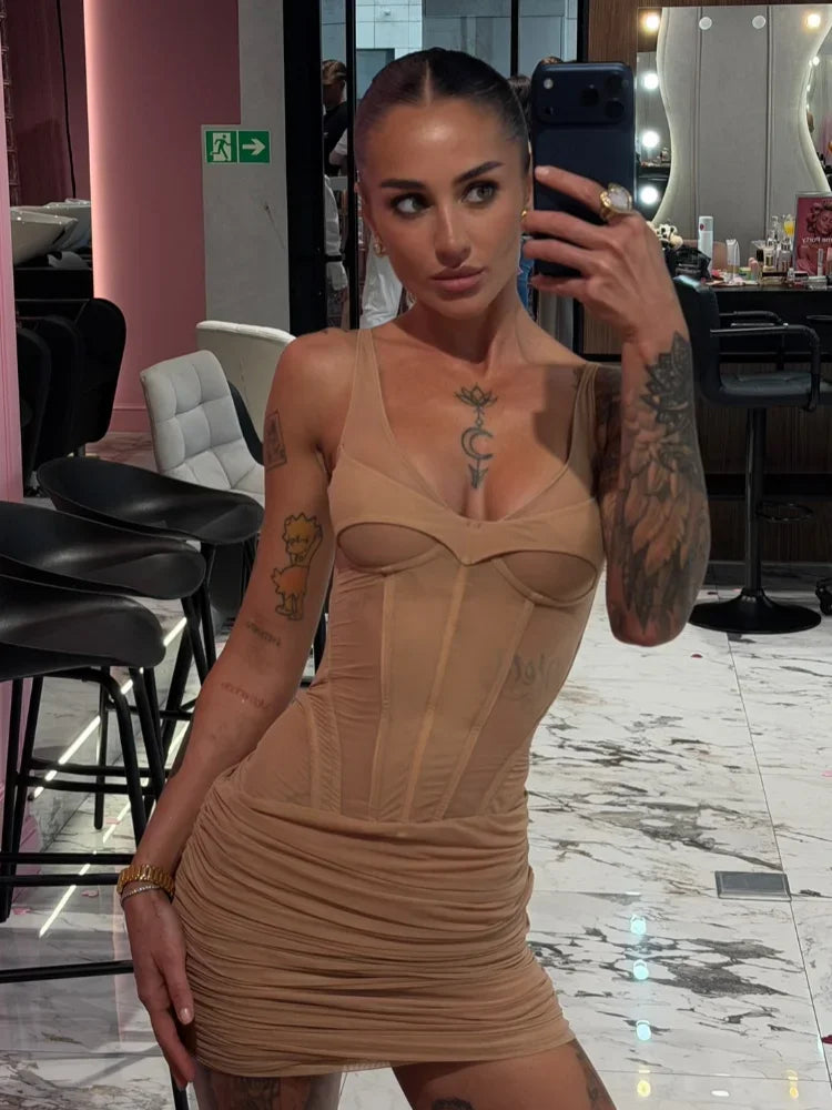 Solid Semi Sheer Corset Pleated Mini Dresses Women Sexy Boned Waist Cinched Slim Fit Sleeveless Dress Summer Party Vacation Gown