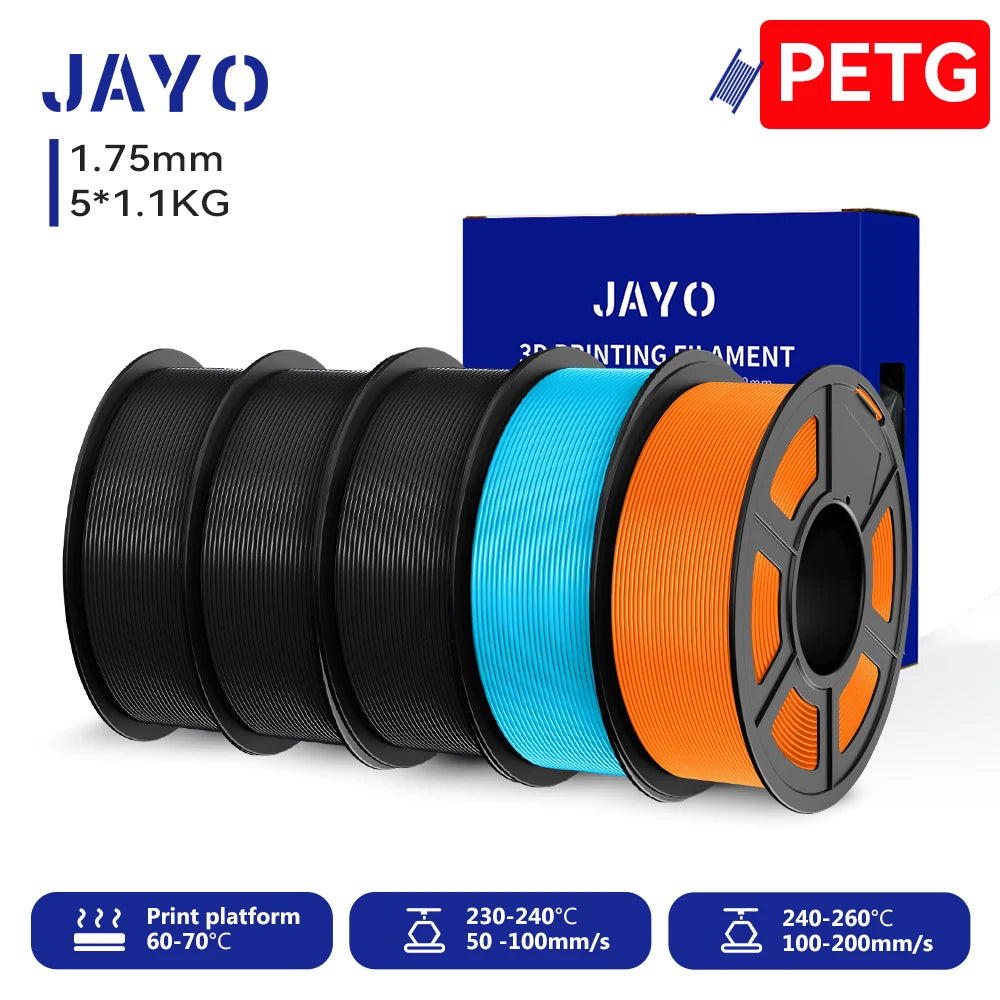 JAYO 3D PETG/PLA/PLA PLUS Filament 1.75mm PLA Filament 5 Rolls For Bambu FDM 3D Printer Neatly Wound 3D Printing Material for 3d