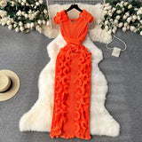 CM.YAYA Women Ruffles Splicing V-neck Sleeveless Bodycon Midi Pleated Maxi Long Dress 2025 Birthday Sexy Club Party Even Dresses