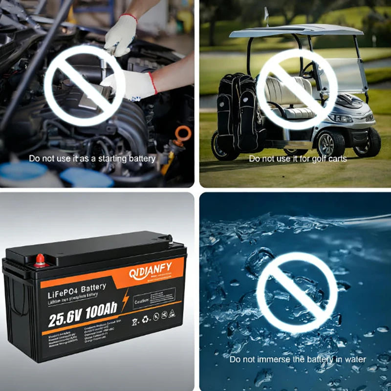 Qidianfy 25.6V 100/200Ah LiFePO4 Lithium Iron Phosphate Battery Built-in 100A BMS 2560Wh Capacity RV Solar Off-grid Storage Fishing