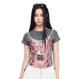 ELFSACK Fake Two-Piece Crop Top, Retro FERAL 66 Print Lace Bow Tee, Slim Short Sleeve T-shirt for Women