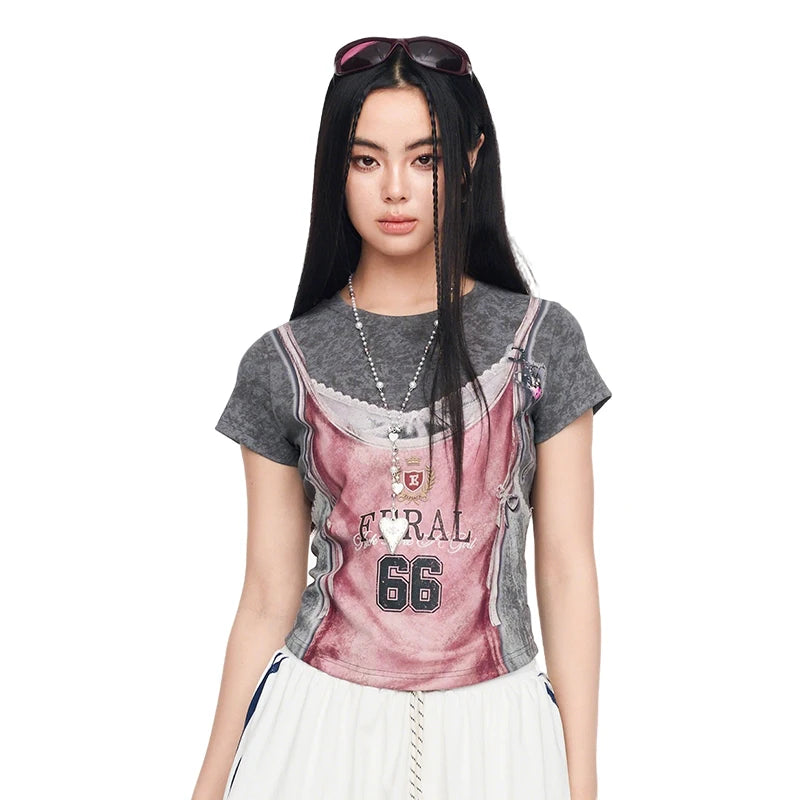 ELFSACK Fake Two-Piece Crop Top, Retro FERAL 66 Print Lace Bow Tee, Slim Short Sleeve T-shirt for Women