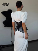 Elegant Women's Satin Lace Patchwork Waistband Dress V-neck Bubble Short Sleeved Zipper Dresses 2026 Summer Lady Party Robes