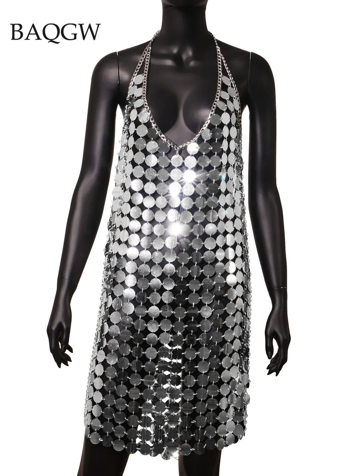 Women Fashion Sleeveless Sexy Backless Glitter Black Gold Chainmail Sequin Patchwork Mini Dresses Diana Silver Disc Dress