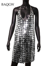 Women Fashion Sleeveless Sexy Backless Glitter Black Gold Chainmail Sequin Patchwork Mini Dresses Diana Silver Disc Dress