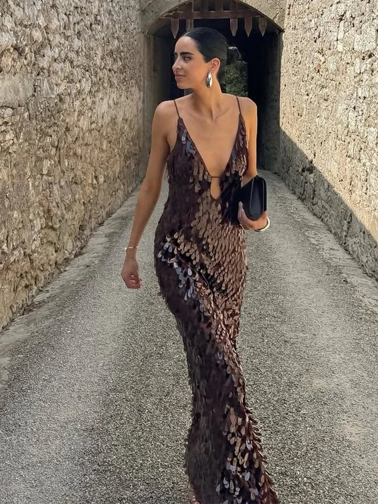Women Solid Sequin Sling Maxi Dress Fashion V-neck Sleeveless High Waist Backless Dresses New Summer Vacation Party Robes 2025