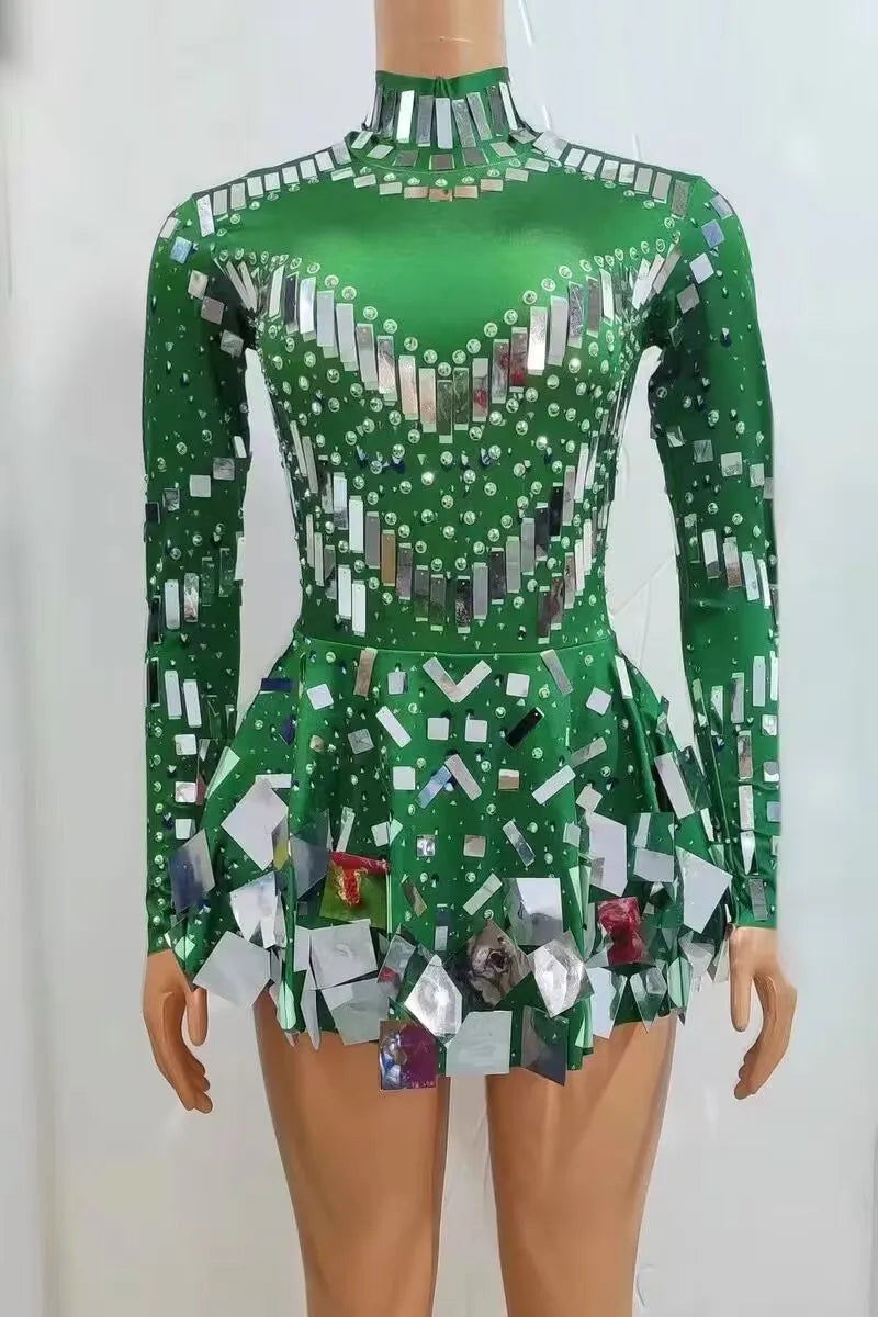 Fashion Stretch Sequins Mirror Dress Women Bodysuit Dancewear Long Sleeve Drag Queen Costume Rave Festival Night Out BodySuits