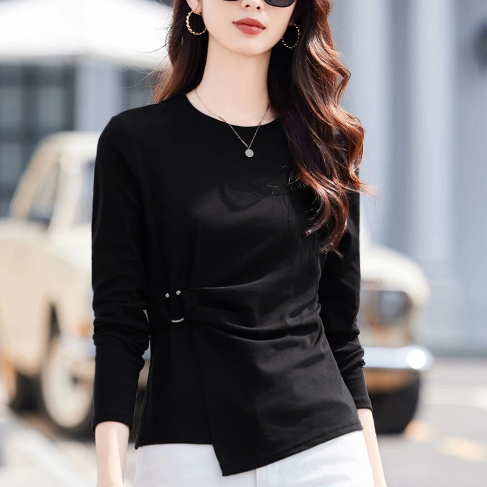 Wine Red Long Sleeved T-Shirt for Women's Autumn New High-End Fashion Cotton Plus Size Asymmetrical Splicing Casual Top