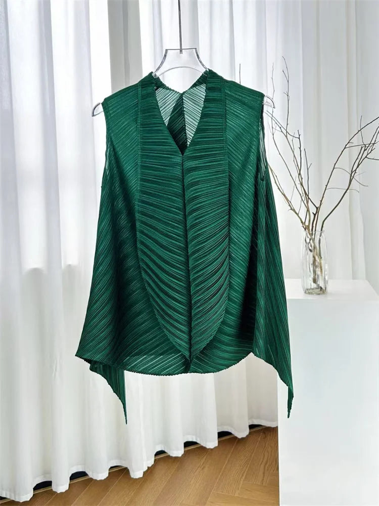 Miyake Pleated High-neck Sleeveless Women Leaf Fold Top