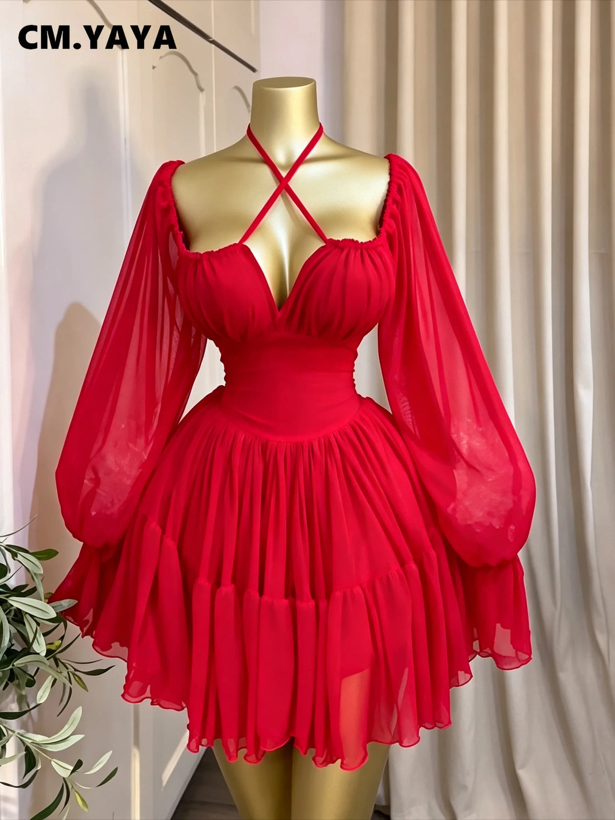 CM.YAYA Women Flare Long Sleeve Strapless Halter Pleated Mini Dress 2026 Fall Street Holiday Ruched Tiered Party Evening Dresses