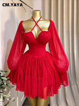 CM.YAYA Women Flare Long Sleeve Strapless Halter Pleated Mini Dress 2026 Fall Street Holiday Ruched Tiered Party Evening Dresses