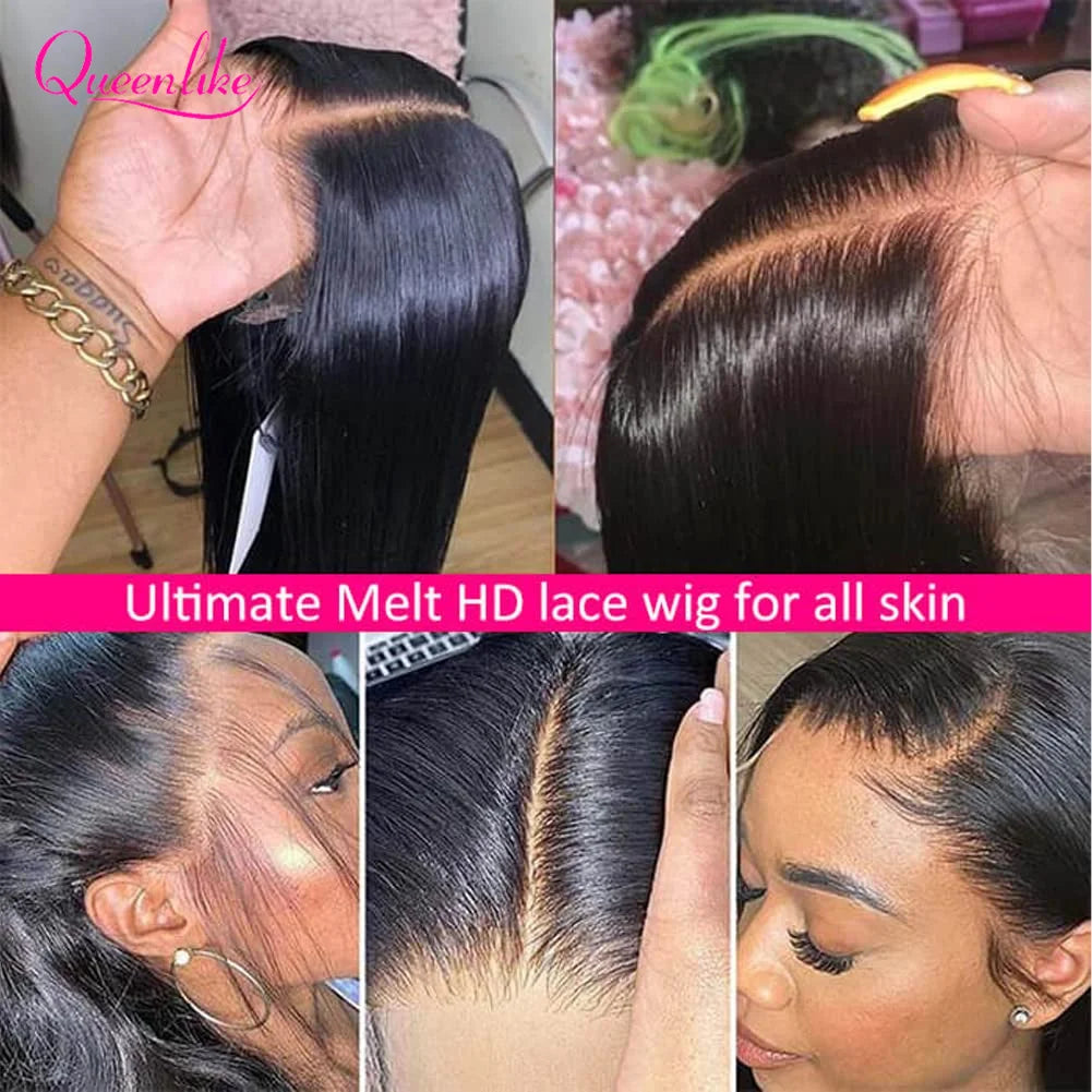 Queenlike 26 Inch 13x6 HD Lace Frontal Human Hair Wigs Straight Remy Hair Frontal Wigs Human Hair Natural Black For Women