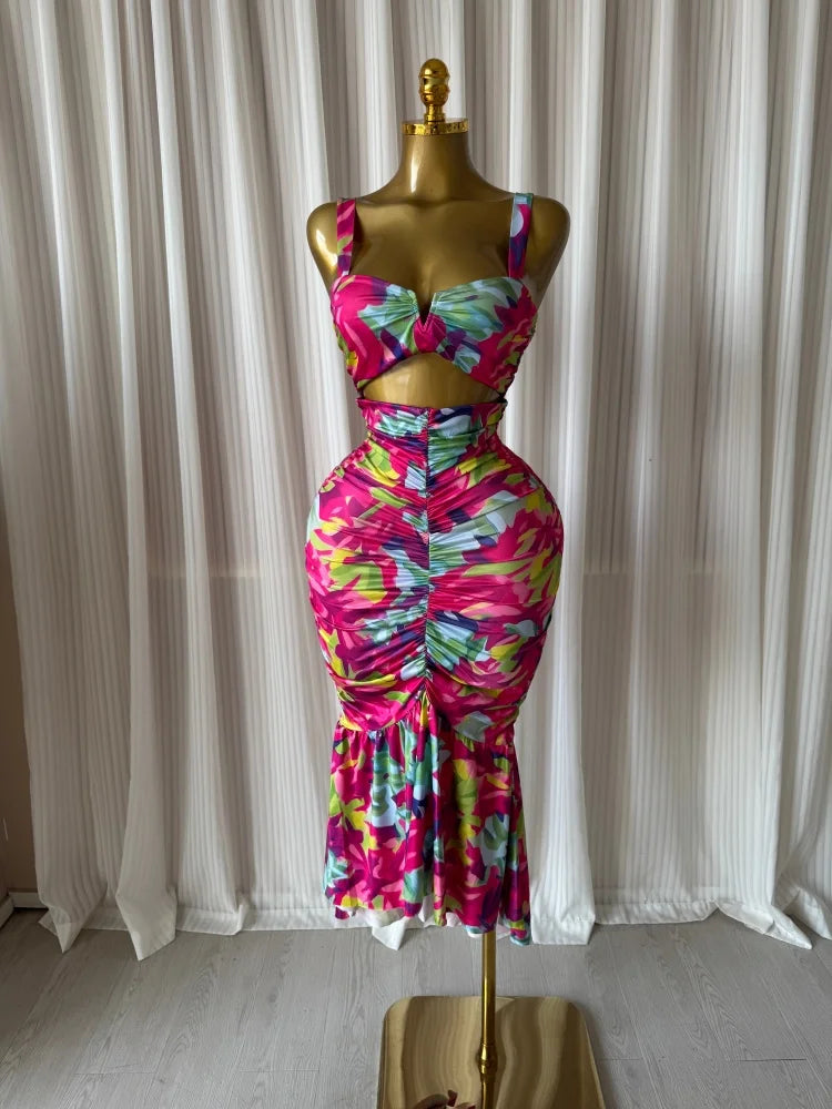 CM.YAYA 2026 Women's Tropical Floral Print Cutout Ruched Ruffle Midi Dress Summer Elegant Birthday Party Club Cocktail Dresses