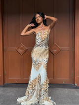 Women's Leopard Print Long Maxi Dress Halter Neck Plunge Front Tiered Ruffle Mermaid Skirt Elegant Party Cocktail Daily Gowns