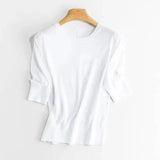 Women 5% Mulberry Silk Knit T-shirt Spring Summer Thin Half Sleeve Knitwear Pullover Tops