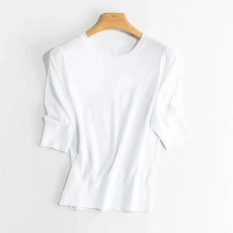 Women 5% Mulberry Silk Knit T-shirt Spring Summer Thin Half Sleeve Knitwear Pullover Tops
