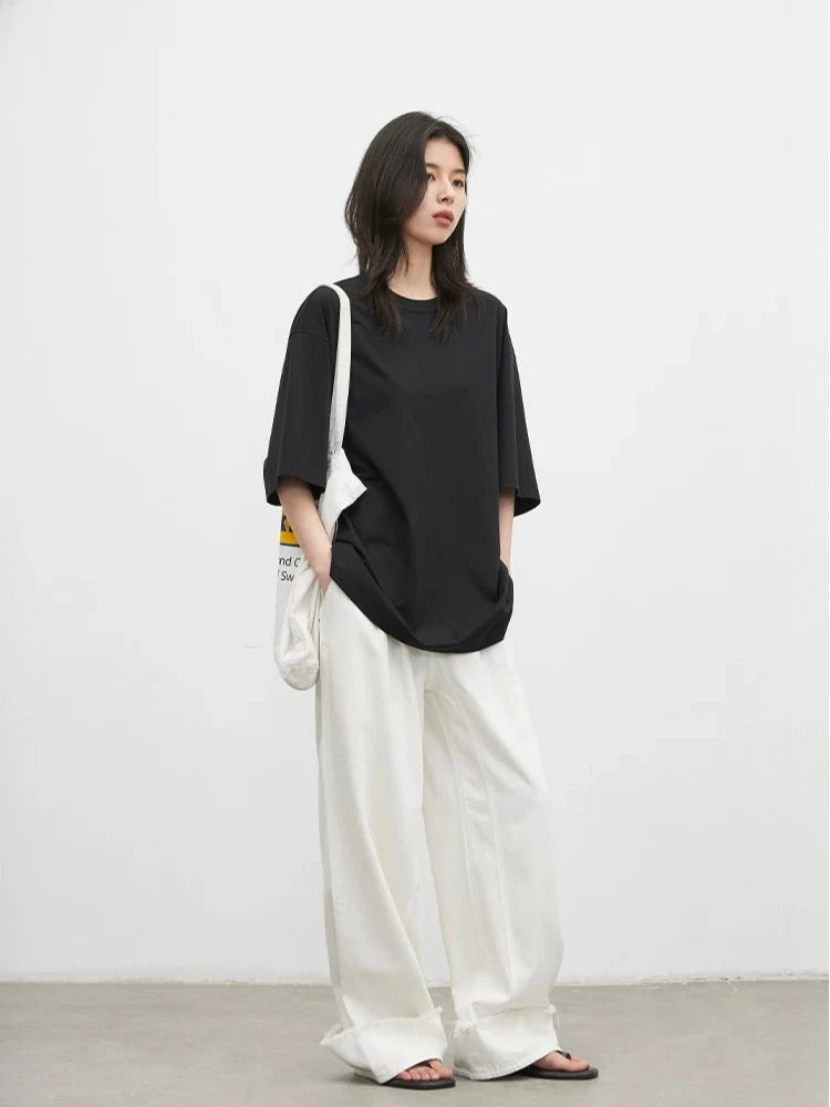 CHIC VEN New Women T-shirt Solid Casual Loose Short Sleeve Tops Back Collar Split Design Cool Female Tees Pullover Summer 2026