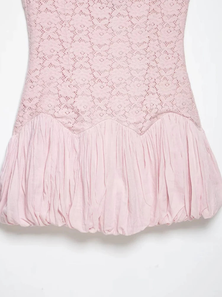 Pink Color Block Lace Spaghetti Strap Mini Dress Women Sweet Deep V Sleeveless Bubble Hem Dresses Lady Daily Dating Casual Gown