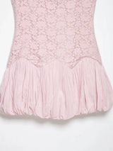 Pink Color Block Lace Spaghetti Strap Mini Dress Women Sweet Deep V Sleeveless Bubble Hem Dresses Lady Daily Dating Casual Gown
