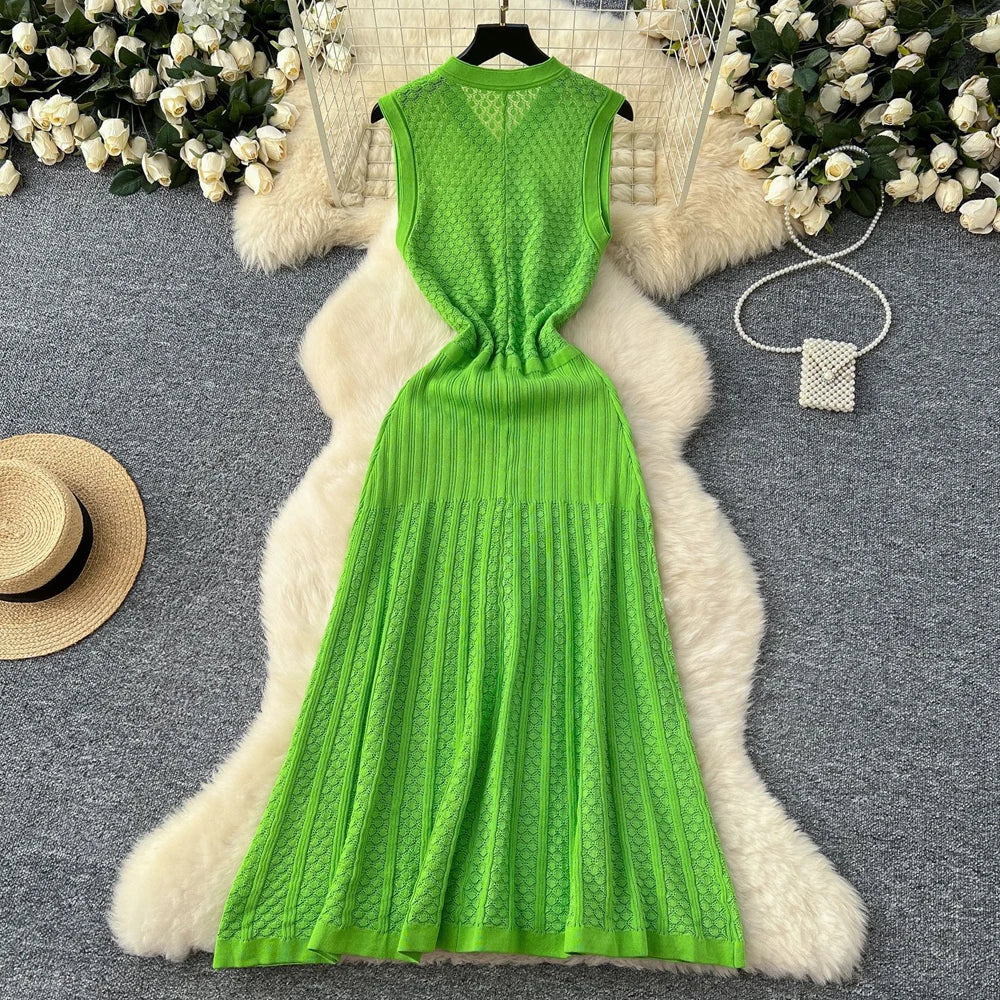 YuooMuoo Brand Fashion Single-breasted Knitted Summer Dress Women Vintage Pockets A-line Long Shirt Dress Chic Vacation Robes