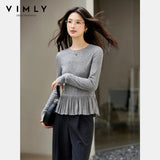 VIMLY Women's Gray Knitted T-shirts Casual Ruffled Hem Long Sleeve Ladies Tops Autumn 2026 Round Neck Slim Fit Female Tees A3092