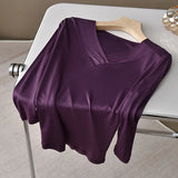 BirdTree, Natural Silk Casual T-Shirt, Women V Neck 3/4 Sleeve Solid, Soft Versatile Bottom Top, 2026 Autumn Winter T48418QC