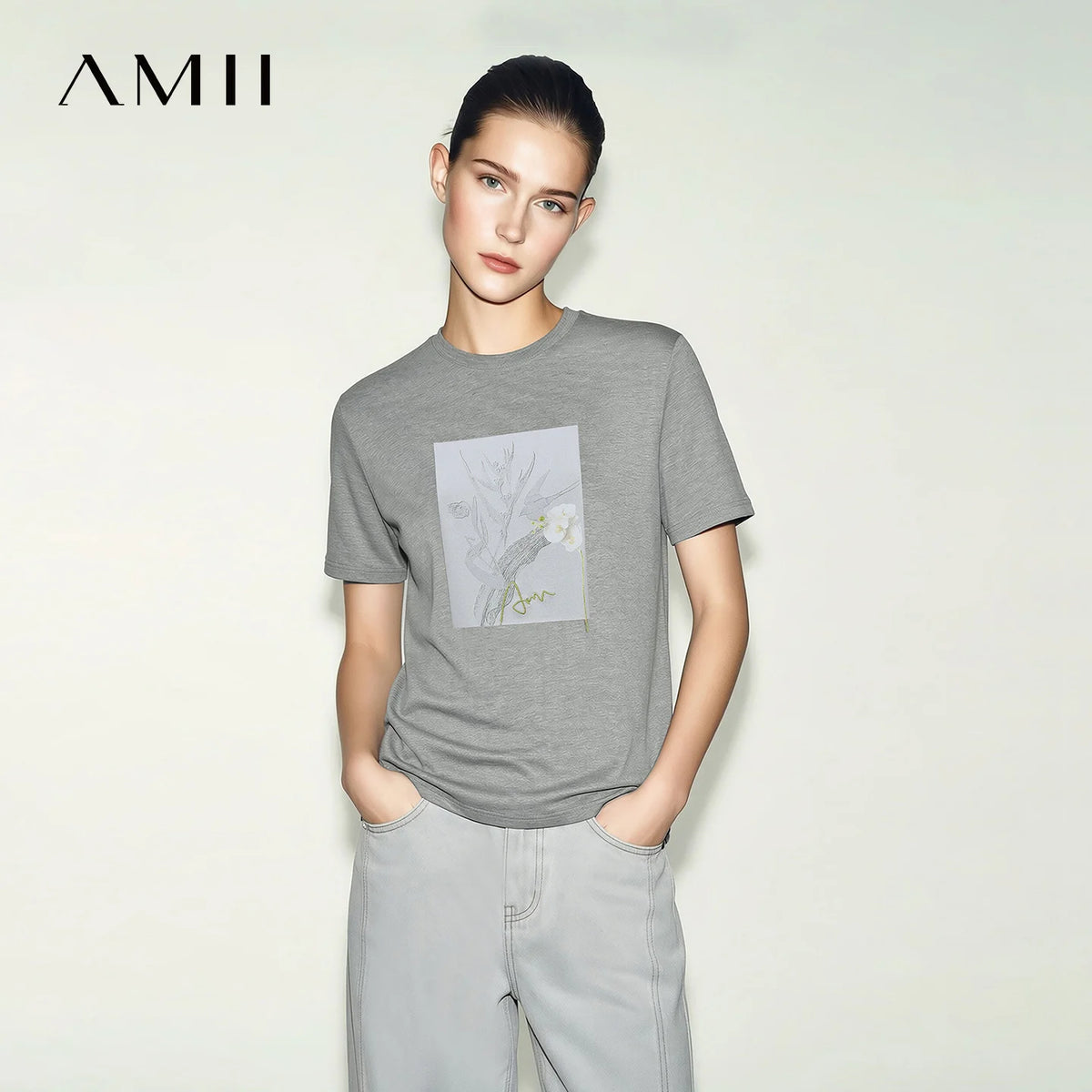 Amii Women's Short Sleeve T-shirt 2026 Summer New Letter Embroidered O-Neck Printed Cotton Stretch T-Shirt Casual Top 12622138