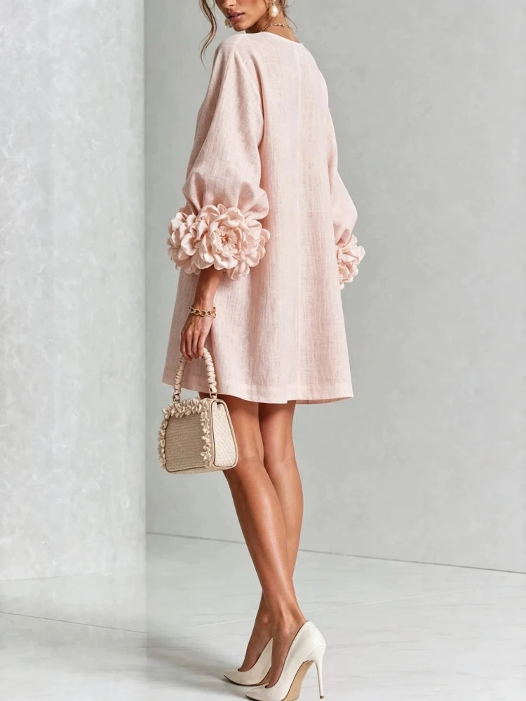Women Linen Mini Dress O Neck Puff Long Sleeve 3D Flower Cuff Decor Flower Button Loose Casual Short Dresses for Party Vacation