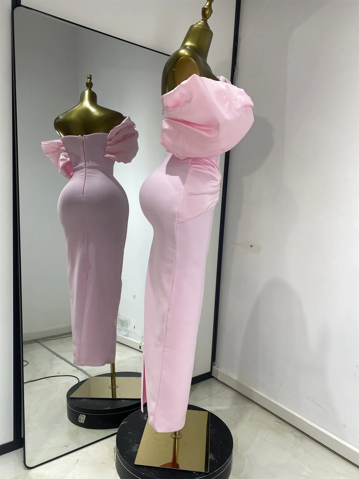 Pink Off Shoulder Satin Bandage Patchwork Evening Dress Silver Glitter Rhinestone Corset Formal Party Gown Guest Look Wholesale