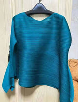 Miyake Pleated Round Neck Irregular Top Women Loose Casual T-shirt